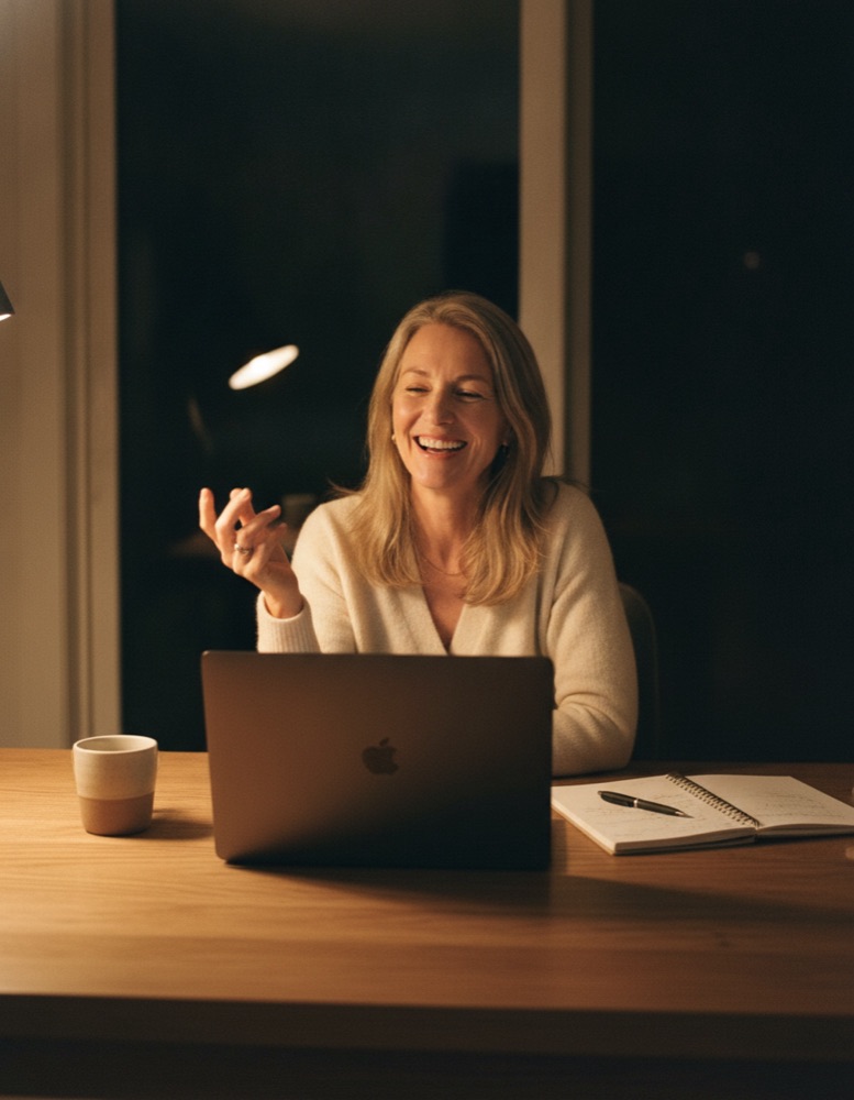 Claire laughing on an evening video call at her desk, lamp lit