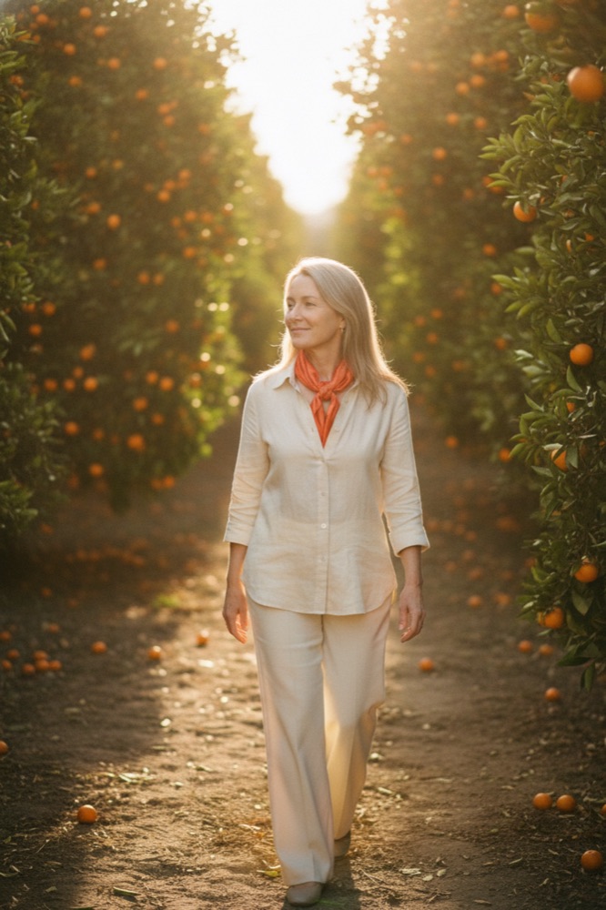 Claire walking down a row of orange trees at golden hour, in a linen shirt and a tangerine scarf