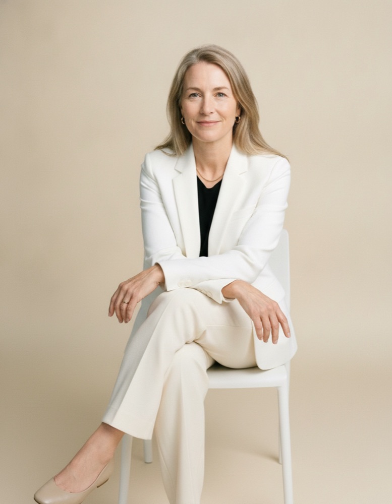Claire seated on a white chair in a white suit, hands resting on her knee, smiling