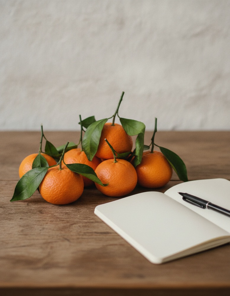 A pile of tangerines with their leaves beside an open notebook and pen on a wooden table